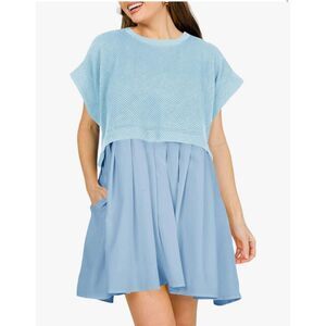 NEW Blue Crew Neck Pullover Oversized Sweatshirt Short sleeve Mini Dress L